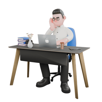 Movie Producer 3D Model. A male producer sits with a laptop on the table and his right hand is propped up on his cheek while his left hand is typing on the keyboard, with a thoughtful expression. png