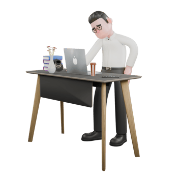 3D Cartoon Model. A male producer stands with a laptop on the table and his left hand is on his hip with an anxious expression. Cartoon 3D Model png