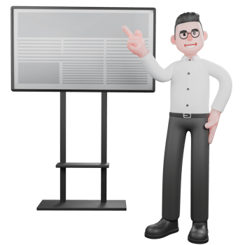 3D Producer Design. A male producer stands next to a blackboard with his right hand pointing to the blackboard and his left hand on his waist. Professional Cartoon png