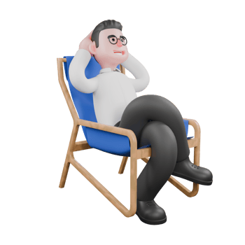 Film Set Cartoon Producer. A male producer sits on a chair with both hands on his fist and his legs crossed. Professional Illustration png