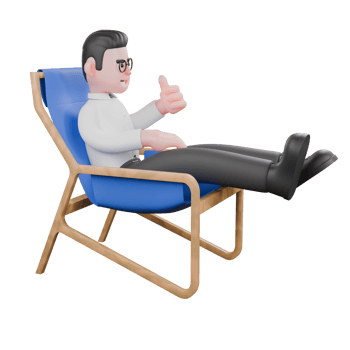 3D Producer Character. A male producer sits on a chair with his legs stretched out and his left hand sticking out his thumb. Professional Illustration png