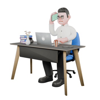 3D Producer Design. A male producer sits on a chair with a laptop on the table with his right hand holding a mobile phone and his left hand typing on the keyboard. 3D Cartoon Model png