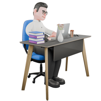 3D Creative Model. A male producer sits on a chair with a laptop on the table while typing with both hands on the keyboard, with a focused expression. 3D Cartoon Model png