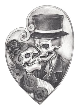 Eternal love couple skulls.This monochromatic illustration depicts two skeletons dressed in elegant attire, embracing each other within a heart-shaped frame. vector