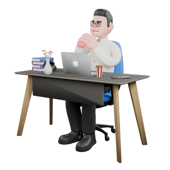 Film Set Cartoon Producer. A male producer sits on a chair with a laptop on a table with both hands clasped together. Studio Style png