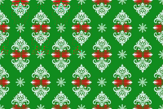 Abstract Ikat red and white floral damask with white snowflake and starburst shape seamless pattern on green wallpaper and background. Christmas and new year concept vector