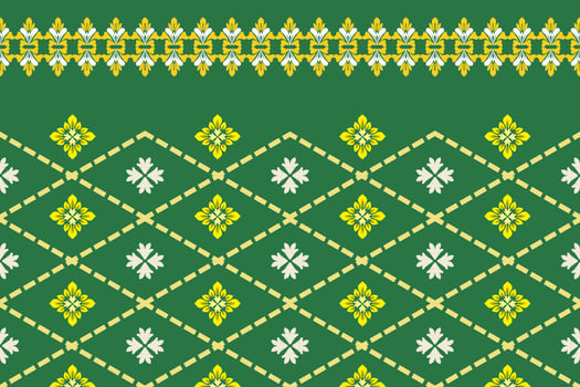 Abstract Ikat golden and yellow floral damask shape seamless pattern and white dash line on green wallpaper and background. Tribal with Asian culture and Christmas holiday concept vector