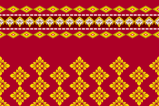 Abstract Ikat golden and yellow floral damask shape seamless pattern on red wallpaper and background. Tribal and Asian culture concept vector