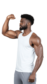 Strong man flexing muscles in white tank top pose png