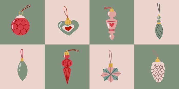 Festive pattern with Christmas tree toys. Ideal for Christmas wrapping paper, holiday decorations and seasonal designs. Hand drawn cozy elements . vector
