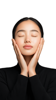 Serene woman with closed eyes and hands on face png