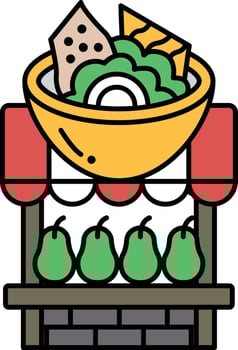 A cartoon drawing of a fruit stand with a bowl of food on top of it vector