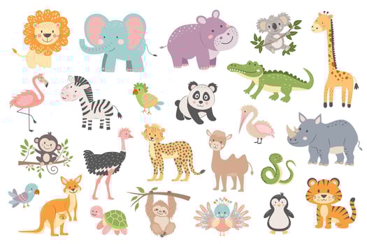 Tropical cute animal set. African, South American, Australian, Arctica and other wild baby cartoon animals. Baby shower and nursery art style. vector