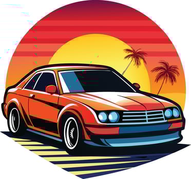 Red car Illustration with yellow sun vector