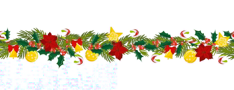 Seamless Christmas border of mistletoe, Christmas star flower, fir tree with bell and Christmas decorations, candy cane. Pattern suitable for posters, banners, cards, invitations vector