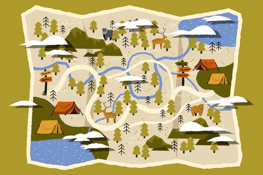 Cute banner with travel map. Cartoon banner with doodle tracking route and hand drawn map with pointer. camping or travel illustration vector