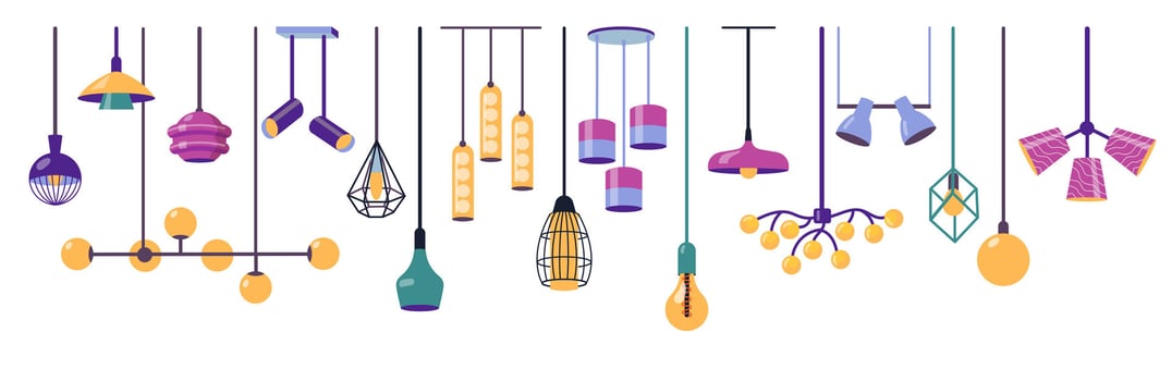 Hanging lamps. Modern ceiling pendant light with different lampshades, creative electric home room decoration, contemporary illumination equipment. isolated set vector