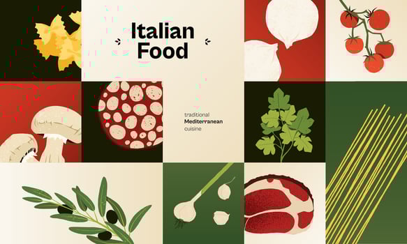 Italian food ingredients abstract banner. Cartoon spaghetti pasta vegetables and cheese, traditional mediterranean food, flat noodles. flyer vector