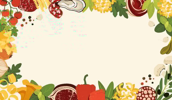 Italian food frame. Traditional national cuisine ingredients, pasta olive tomatoes cheese and spices. cartoon restaurant menu background vector