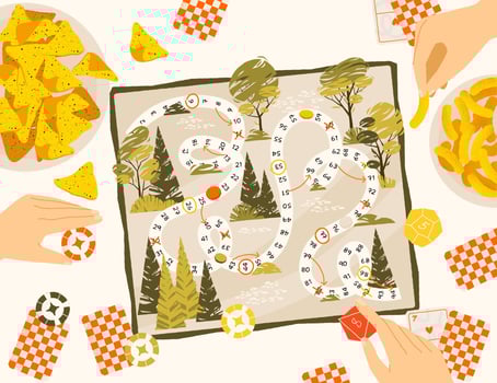 Playing board game top view. Cartoon characters playing strategy board game on table, friends family spending time together. illustration vector