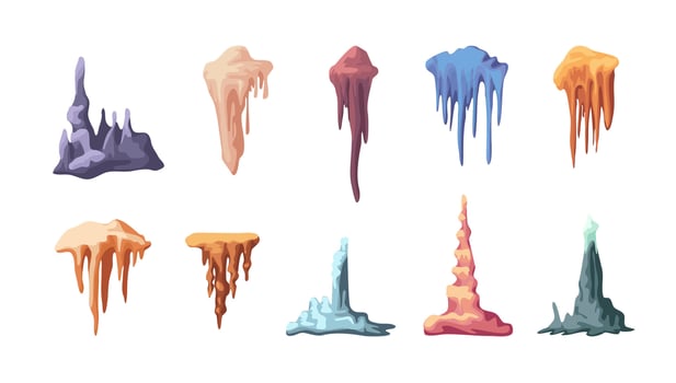 Cartoon Color Different Stalactite and Stalagmite Set. vector