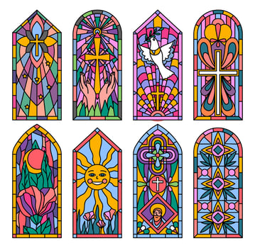 Color Different Cathedral Stained Glasses Set. vector
