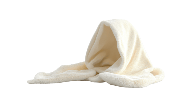Cozy cream-colored fleece blanket draped on a surface, creating a warm and inviting atmosphere for relaxation. png
