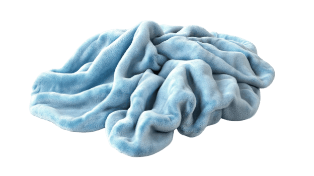 Soft blue blanket crumpled on a surface showcasing its texture and warmth in a cozy indoor setting. png