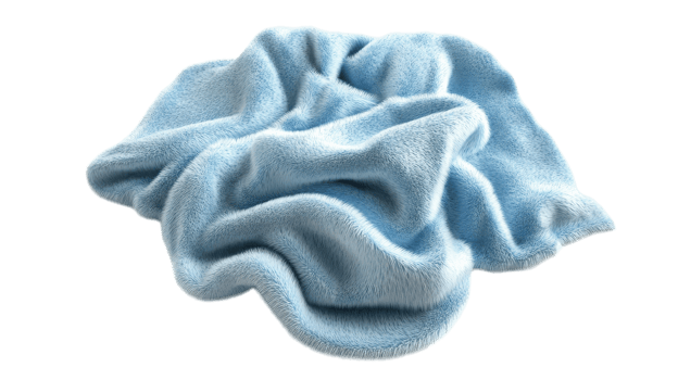 Soft blue blanket crumpled on a surface, creating a cozy and inviting atmosphere in a bright room. png