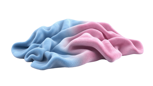 Soft blue and pink blanket draped on a surface showcasing gentle folds and a sleek fabric texture. png
