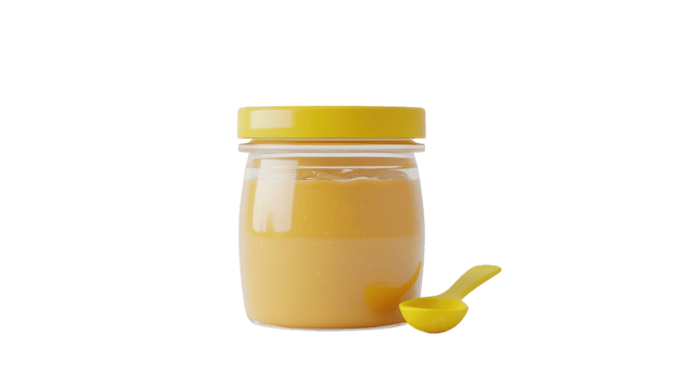 A jar of creamy yellow spread with a small spoon on a white background showcasing a simple kitchen item for cooking or snacking. png