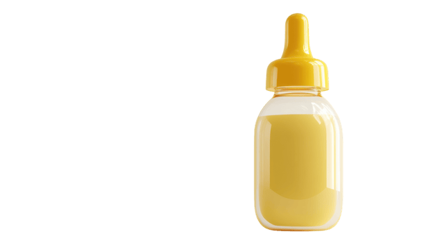 Baby bottle filled with yellow liquid on a transparent background, perfect for mockups and design projects featuring infant care. png