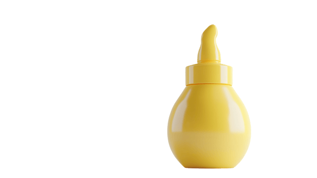 A bright yellow condiment bottle with a pointed squeeze top, perfect for serving mustard at barbecues and picnics with friends and family. png