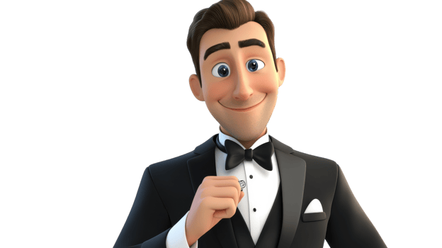 A dapper animated character in a tuxedo smiling confidently while holding a card, perfect for a formal event or celebration. png