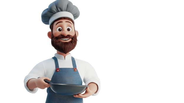 A cheerful chef presenting a delicious dish in a brightly lit kitchen with fresh ingredients and utensils laid out for cooking. png