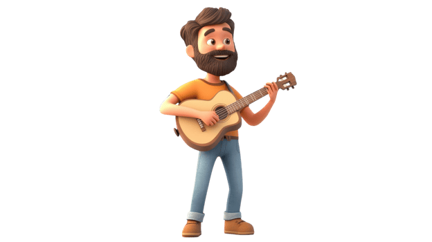A cheerful man plays an acoustic guitar, enjoying a sunny afternoon in a park while entertaining friends with lively music. png