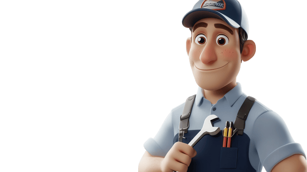 A cheerful mechanic holding a wrench while wearing a work uniform, smiling warmly in a friendly workshop setting. png