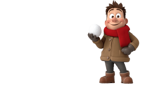 Happy boy holding a snowball while dressed warmly with a scarf, cheerful winter scene in a snowy landscape. png