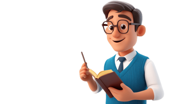 A cheerful character in a blue sweater holding an open book and a pencil, ready to share knowledge, in a modern classroom setting. png