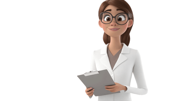 A friendly female character in a white coat holds a clipboard and smiles, showcasing professionalism and approachability in a clinical setting. png