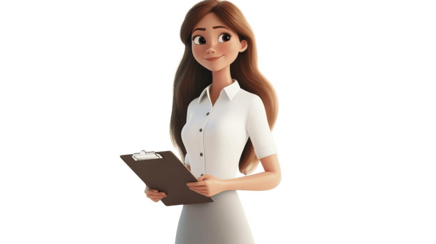 A young woman holding a clipboard, dressed formally, with long brown hair and a confident smile, set against a transparent background. png