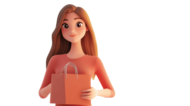 A cheerful young woman holding shopping bags in a casual outfit, posing in a bright and friendly atmosphere. png