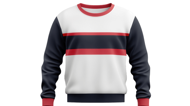 Casual striped sweater design in red, white, and navy colors displayed against a transparent background. png