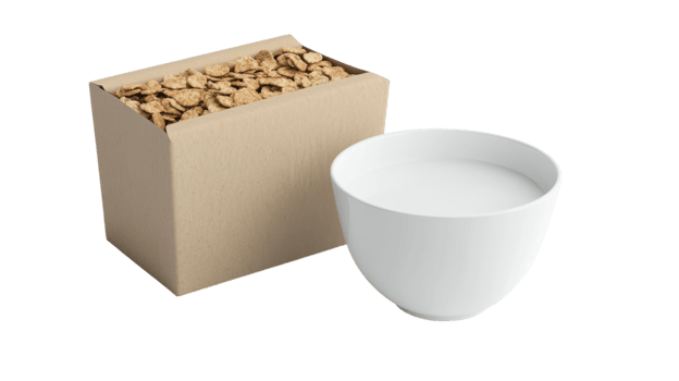 A bowl of milk next to a box of cereal ready for breakfast on a clear background made for easy viewing. png