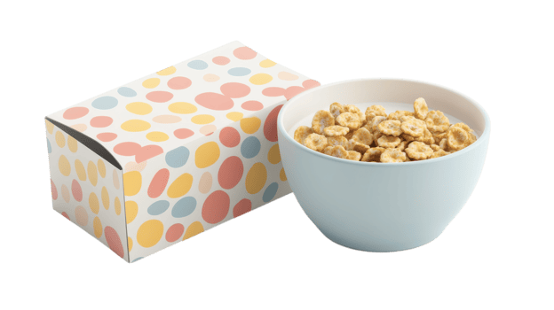 A colorful breakfast setup featuring a bowl of cereal alongside a decorated box on a light background. png