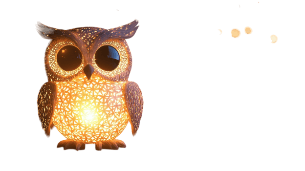 Decorative owl lamp illuminating a cozy space, featuring intricate designs and soft light around the evening hours. png