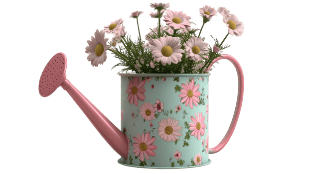 A charming pastel watering can filled with daisies, showcasing vibrant flowers against a clear background. png