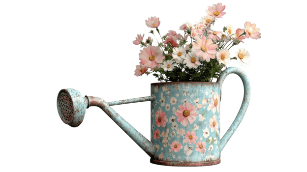A vintage watering can filled with colorful flowers stands on a transparent background, adding charm to any decor or gardening project. png