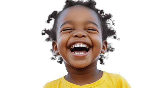A joyful child in a yellow shirt smiling brightly against a neutral background, capturing a moment of pure happiness. png