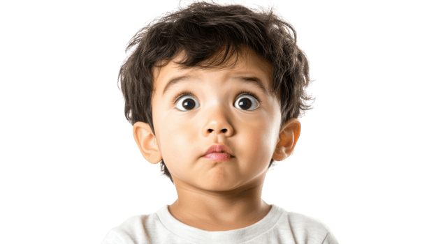 A small child with wide eyes showing curiosity while standing against a blank background in a well-lit setting. png